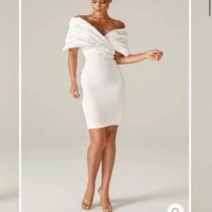 Alieva Maribel Crepe Ruffle Shoulder Dress White